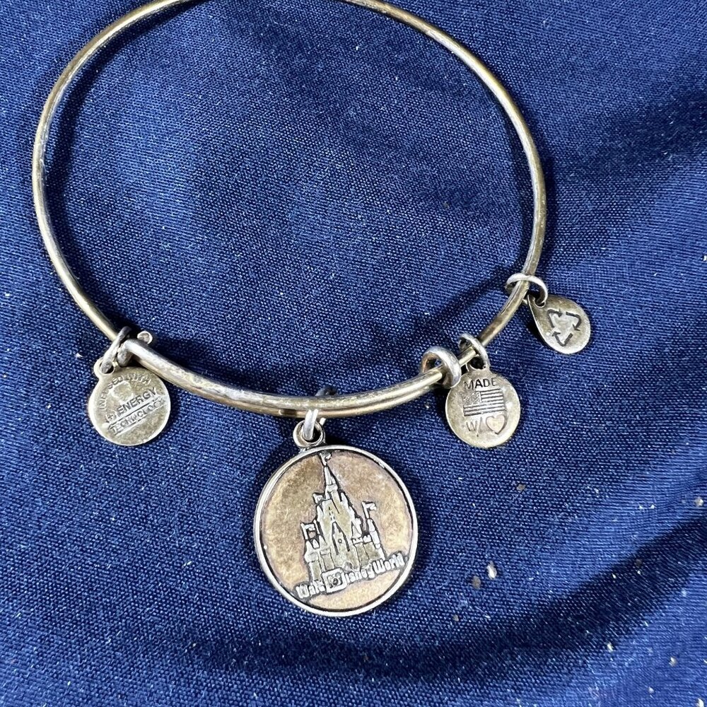 Disney Alex & Ani Gold-Tone Adjustable Bangle Bracelet With Castle Charm & Engra